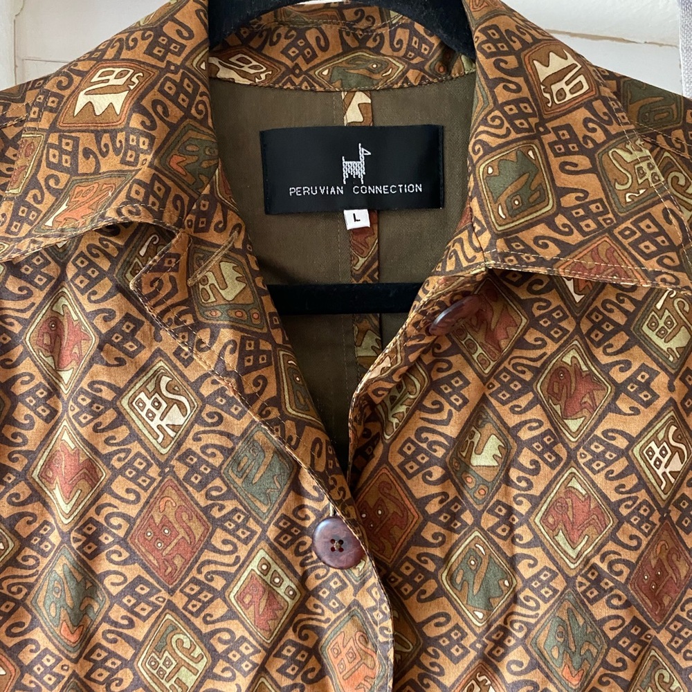 Peruvian Connection Brown Printed Jacket Size L - image 3